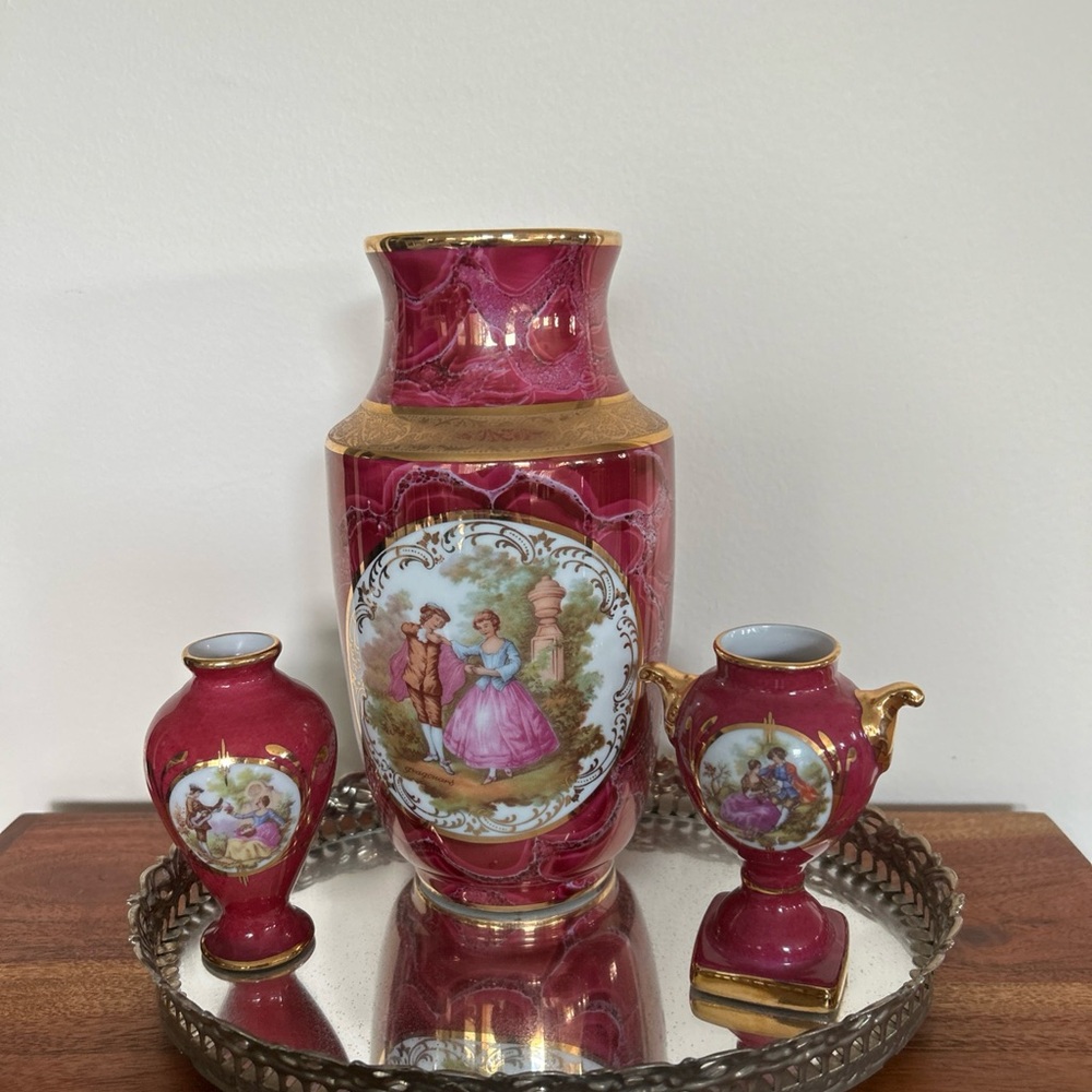 Limoges Magenta and Gold Vase Trio